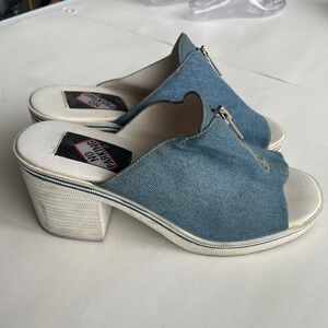 Y2K Denim Mules Heeled Sandals Zip Open Toe 90s‎ Platform Shoes Women's Size 7.5